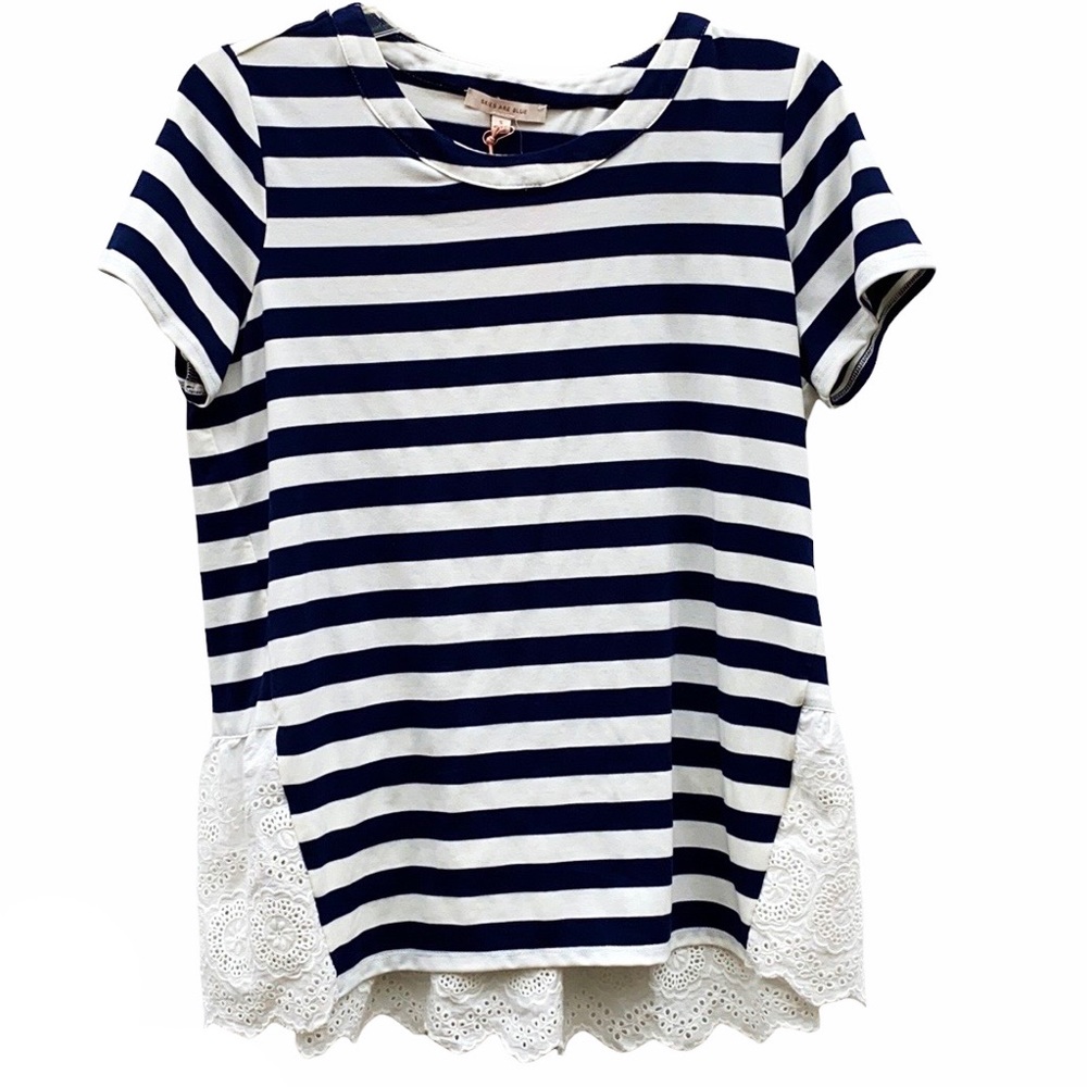 NWT Skies Are Blue Womens Small blue white striped Michelle eyelet top top tee